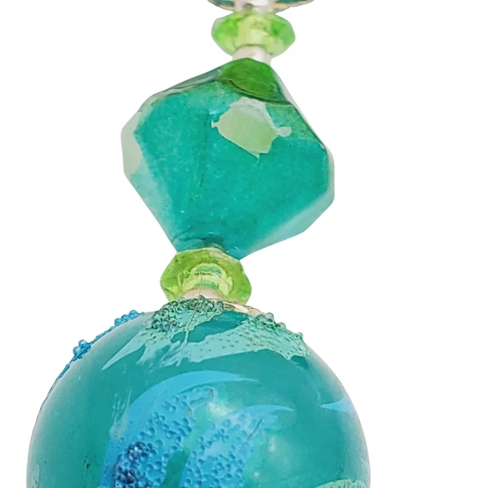 Hong Kong Necklace Clip Earrings Blue Green Flocked Beaded Acrylic Lucite Summer